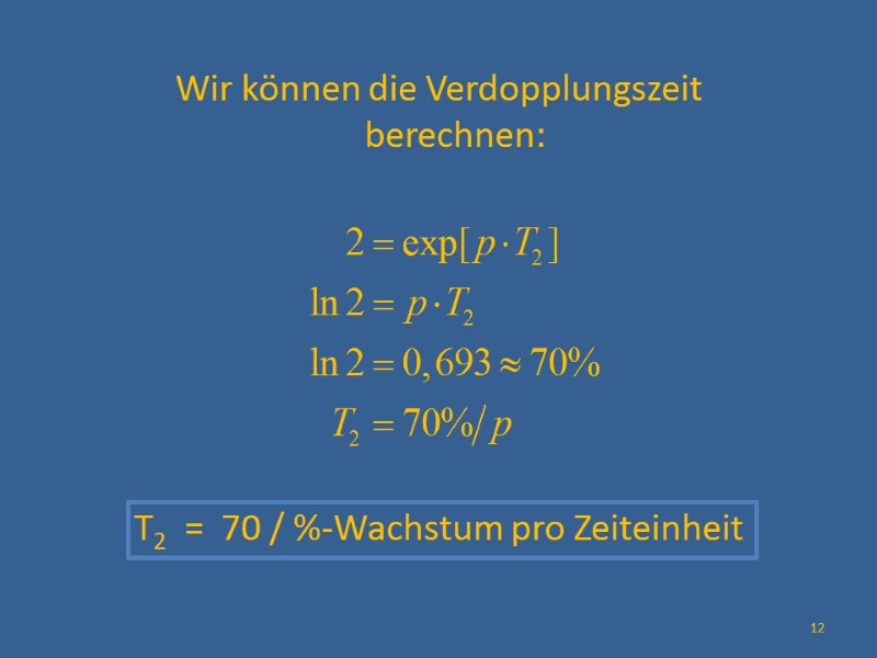 Wir können die Verdopplungszeit berechnen:       T2  =